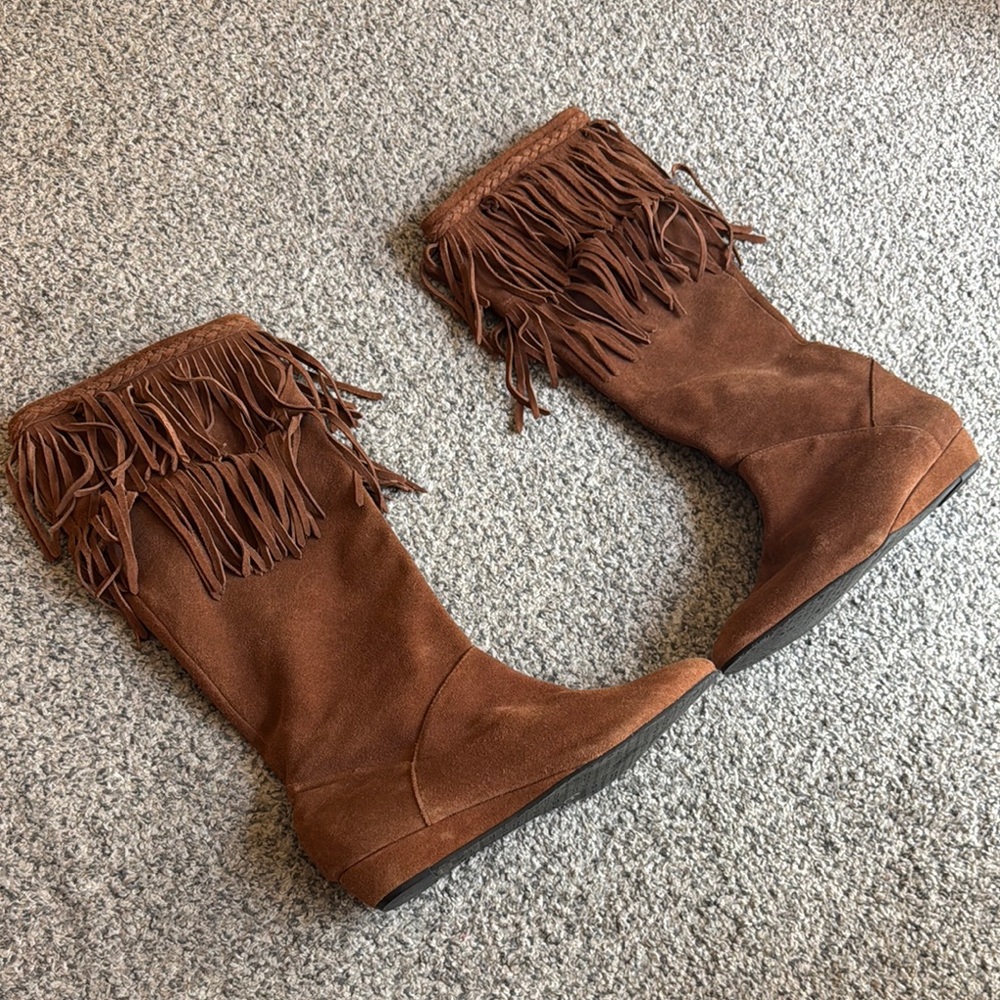 Gianni Bini Fringe Suede Knee-High Boots - Brown